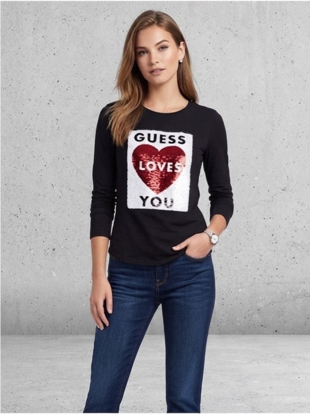 Guess Organic Cotton Black Sequins Long Sleeve Crewneck Top